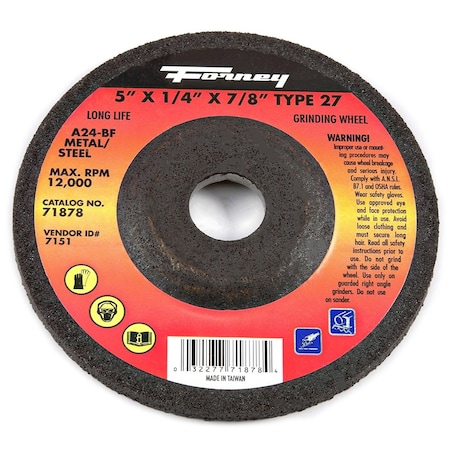 Forney Grinding Wheel, Metal, Type 27, 5 in x 1/4 in x 7/8 in 71878